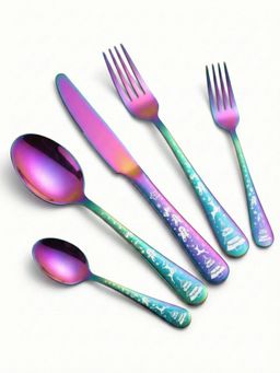 YELONA - Cutlery Set Christmas Festive Engraved Rainbow Multi-Colour (Pack of 5)