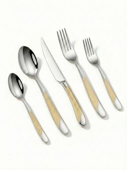 YELONA - Dining Cutlery Set Hammered Stainless Steel 5Pc Silver With Golden Handle