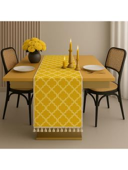 THROW PILLOW - Yellow Diamond Pattern Table Runner with Tassel and Pom Pom Trim