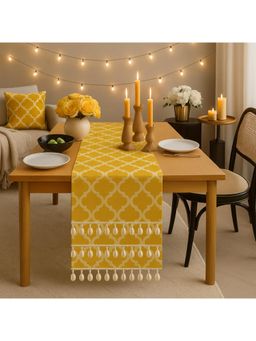 THROW PILLOW - Yellow Diamond Pattern Table Runner with Elegant Cowrie Shell