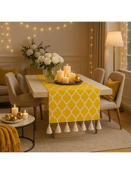 THROW PILLOW - Yellow Diamond Pattern Table Runner with Elegant Tassels