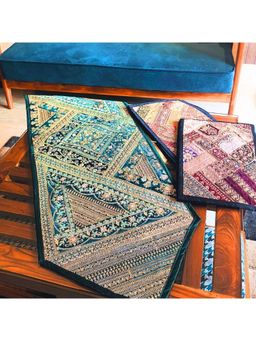 TheYUGO - Zari Embroidered Table Runner & Table Mat-Persian Firoza (6 Seater)