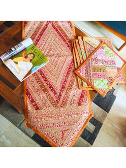 TheYUGO - Zari Embroidered Table Runner & Table Mat-Rust Glow (6 Seater)