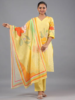 Amchoor - Yellow Cotton Abstract Print Kurta Pant & Dupatta (Set of 3)