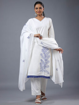 Amchoor - White Cotton Embroidered Kurta Pant & Dupatta (Set of 3)