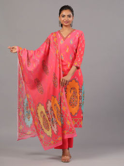 Amchoor - Pink Print Kurta Pant & Dupatta with Neck Embroidered (Set of 3)