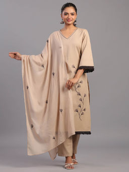 Amchoor - Beige Cotton Linen Floral Embroidered Kurta Pant & Dupatta (Set of 3)