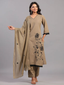 Amchoor - Olive Green Cotton Linen Floral Embroidered Kurta Pant & Dupatta (Set of 3)