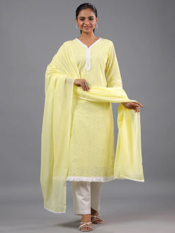 Amchoor - Yellow Cotton Self Design Embroidered Kurta Pant & Dupatta (Set of 3)