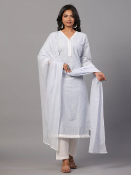 Amchoor - Blue Cotton Self Design Embroidered Kurta Pant & Dupatta (Set of 3)