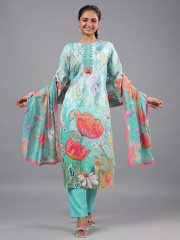 Amchoor - Sea Green Printed Kurta Pant & Dupatta with Lace Details (Set of 3)