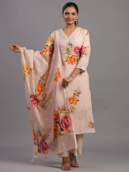 Amchoor - Beige Viscose Rayon Floral Print Kurta Pant & Dupatta (Set of 3)