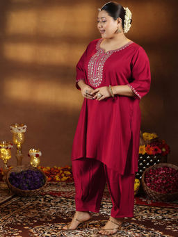 Extra love by Libas - Red Yoke Design Silk Blend Straight Kurta Sets for Women