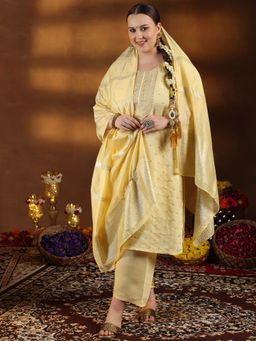 Extra love by Libas - Plus Size Women Yellow Embroidered Silk Blend Straight Kurta Sets for Women