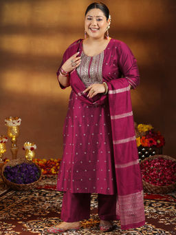 Extra love by Libas - Plus Size Women Pink Embroidered Silk Blend Straight Kurta Sets for Women
