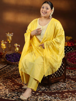 Extra love by Libas - Plus Size Women Yellow Embroidered Silk Blend Straight Kurta Sets for Women