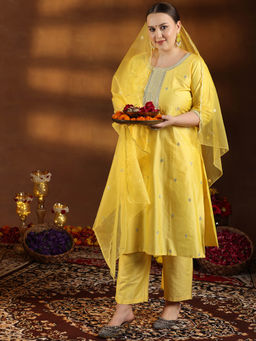 Extra love by Libas - Plus Size Women Yellow Embroidered Silk Blend Straight Kurta Sets for Women