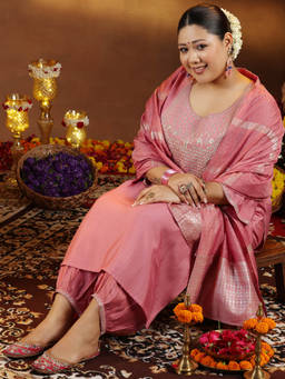 Extra love by Libas - Plus Size Women Peach Yoke Design Silk Blend Straight Kurta Sets for Women