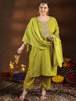 Extra love by Libas - Plus Size Women Yellow Embroidered Silk Blend Straight Kurta Sets for Women