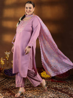 Extra love by Libas - Plus Size Women Lavender Yoke Design Silk Blend Straight Kurta Sets for Women