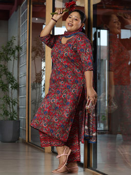 Extra love by Libas - Plus Size Women Red Printed Cotton Straight Kurta Sets for Women