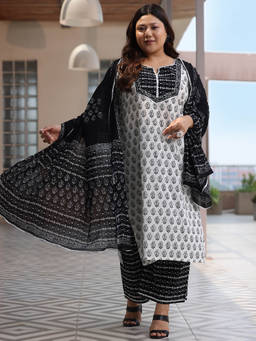 Extra love by Libas - Plus Size Women Off White Printed Cotton Straight Kurta Sets for Women
