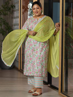 Extra love by Libas - Plus Size Women Off White Printed Cotton Straight Kurta Sets for Women