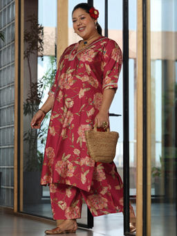 Extra love by Libas - Plus Size Women Red Printed Silk Blend Straight Kurta Sets for Women