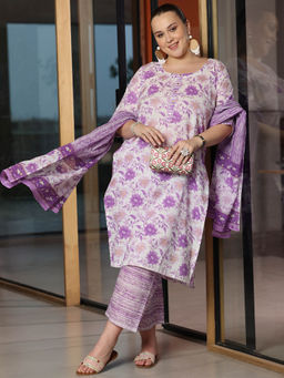 Extra love by Libas - Plus Size Women Purple Printed Cotton Straight Kurta Sets for Women