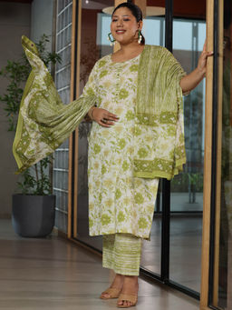 Extra love by Libas - Green Printed Cotton Straight Kurta Sets for Women