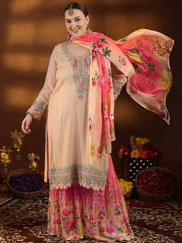 Extra love by Libas - Plus Size Women Peach Embroidered Silk Blend Straight Kurta Sets for Women