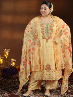 Extra love by Libas - Plus Size Women Yellow Embroidered Organza Straight Kurta Sets for Women