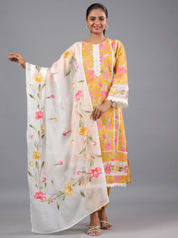 Amchoor - Mustard Floral Print Kurta Pant & Dupatta (Set of 3)