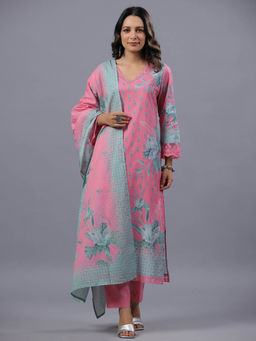 Amchoor - Pink Botanical Print Kurta Pant & Dupatta (Set of 3)