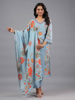 Amchoor - Blue Printed Mirror Work Kurta Pant & Dupatta (Set of 3)