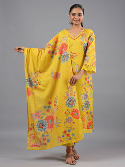 Amchoor - Yellow Printed Mirror Work Kurta Pant & Dupatta (Set of 3)
