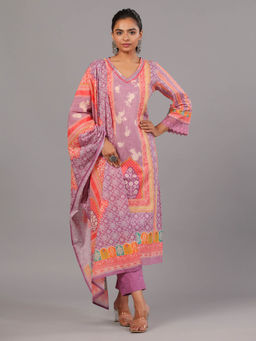 Amchoor - Purple Bandhani Print Kurta Pant & Dupatta (Set of 3)