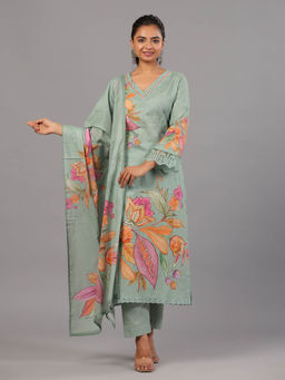 Amchoor - Green Floral Print Kurta Pant & Dupatta (Set of 3)