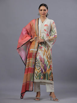 Amchoor - Beige Polysilk Floral Print Kurta Pant & Dupatta (Set of 3)
