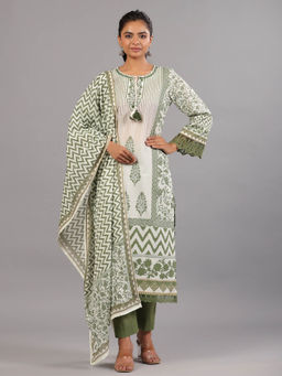 Amchoor - Green Cotton Printed Kurta Pant & Dupatta (Set of 3)