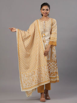Amchoor - Mustard Cotton Printed Kurta Pant & Dupatta (Set of 3)