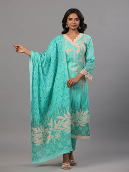 Amchoor - Sea Green Printed Kurta Pant & Dupatta with Lace Detailed (Set of 3)