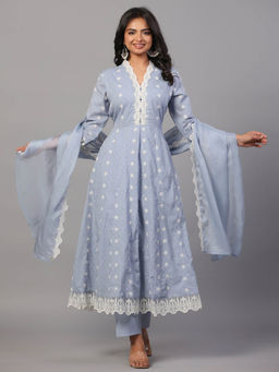 Amchoor - Grey Cotton Embroidered Anarkali Kurta Pant & Dupatta (Set of 3)