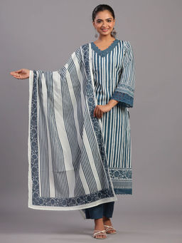 Amchoor - Teal Vertical Stripped Print Kurta Pant & Dupatta (Set of 3)