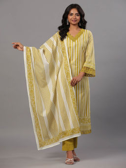 Amchoor - Green Vertical Stripped Print Kurta Pant & Dupatta (Set of 3)