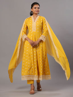 Amchoor - Mustard Cotton Embroidered Anarkali Kurta Pant & Dupatta (Set of 3)