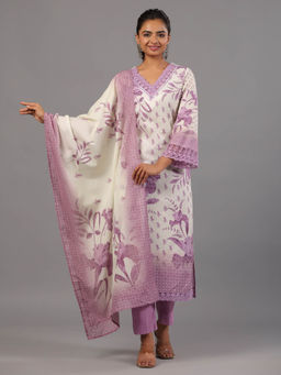 Amchoor - Purple Botanical Print Kurta Pant & Dupatta (Set of 3)