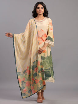 Amchoor - Beige Floral Print Kurta Pant & Dupatta (Set of 3)