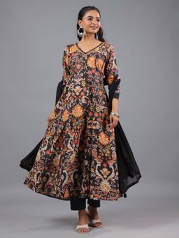 Amchoor - Black Panelled Printed Kurta Pant & Dupatta (Set of 3)