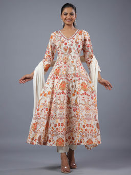 Amchoor - Cream Panelled Printed Kurta Pant & Dupatta (Set of 3)